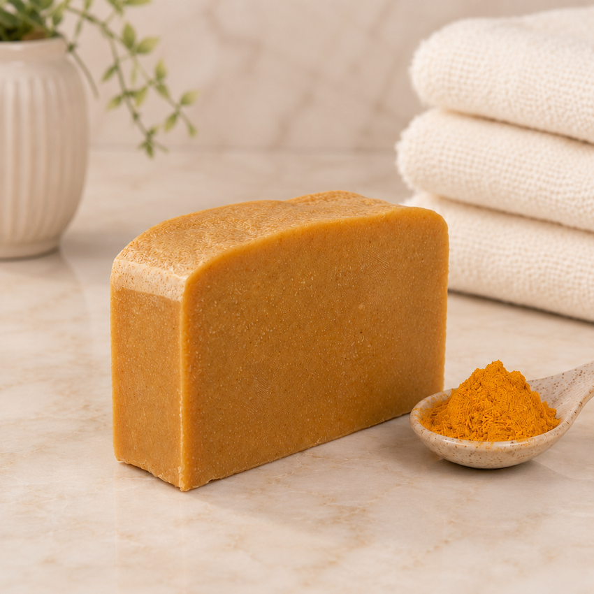Bar of brown goat milk soap with a spoonful of turmeric on a marble surface with towels and a plant in the background.