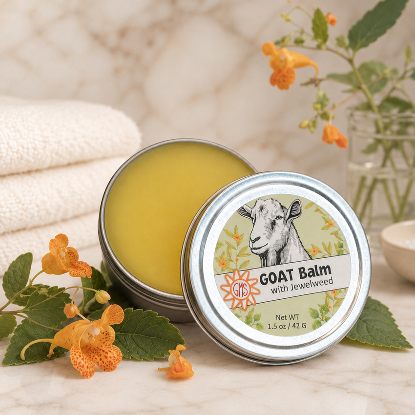 Goat balm tin with a goat illustration on a wooden surface with flowers and leaves.