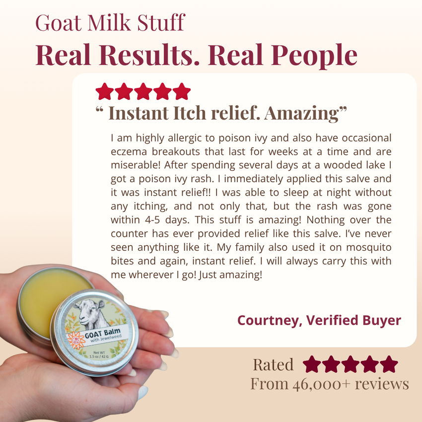 Goat Milk Stuff balm with a five-star rating and customer review on a beige background