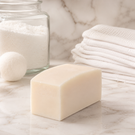 Bar of Laundry soap on a marble surface with a jar, balls, and folded towels in the background.