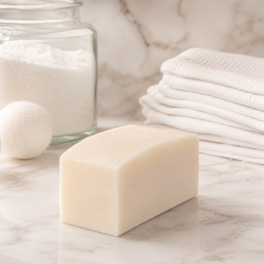 Bar of Laundry soap on a marble surface with a jar, balls, and folded towels in the background.