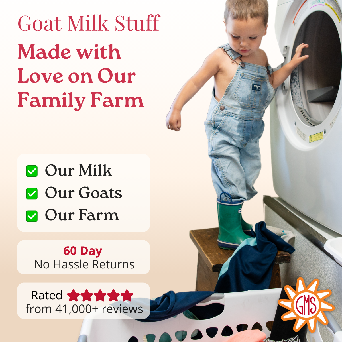 Child in overalls and rain boots standing on a washing machine with text about goat milk product and farm.