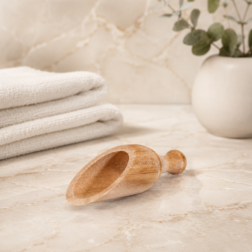 Natural wooden scoop on a marble surface with towels and a plant in the background