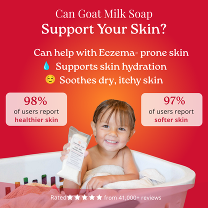 Child in a bathtub holding goat milk soap with text about its benefits on a red background