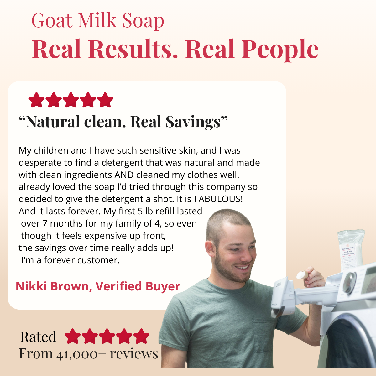 Advertisement for goat milk soap with a customer review and product image.