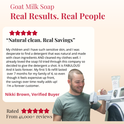 Advertisement for goat milk soap with a customer review and product image.