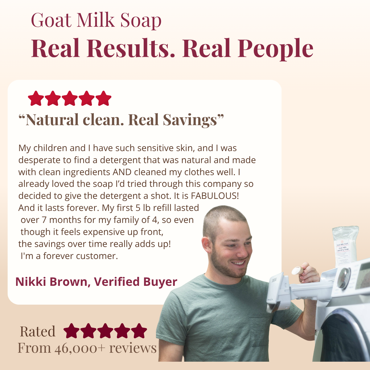 Advertisement for goat milk soap with a customer review and product display.