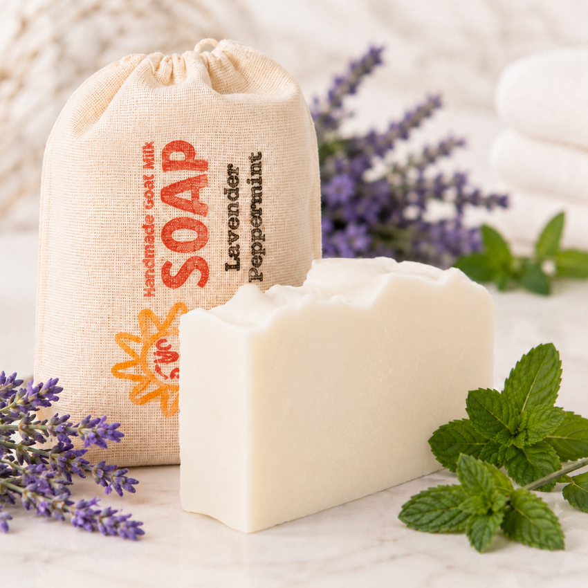 Bar of goat milk soap with a drawstring bag labeled 'Handmade Soap' and lavender flowers on a light background.