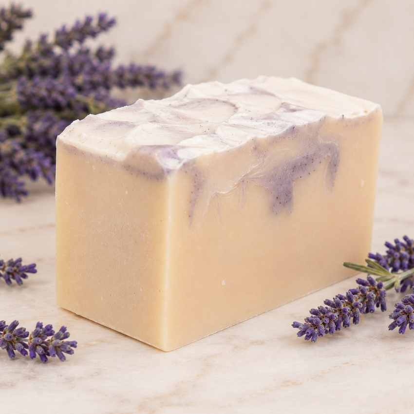 Bar of goat milk soap with lavender swirls on a marble surface with lavender flowers.