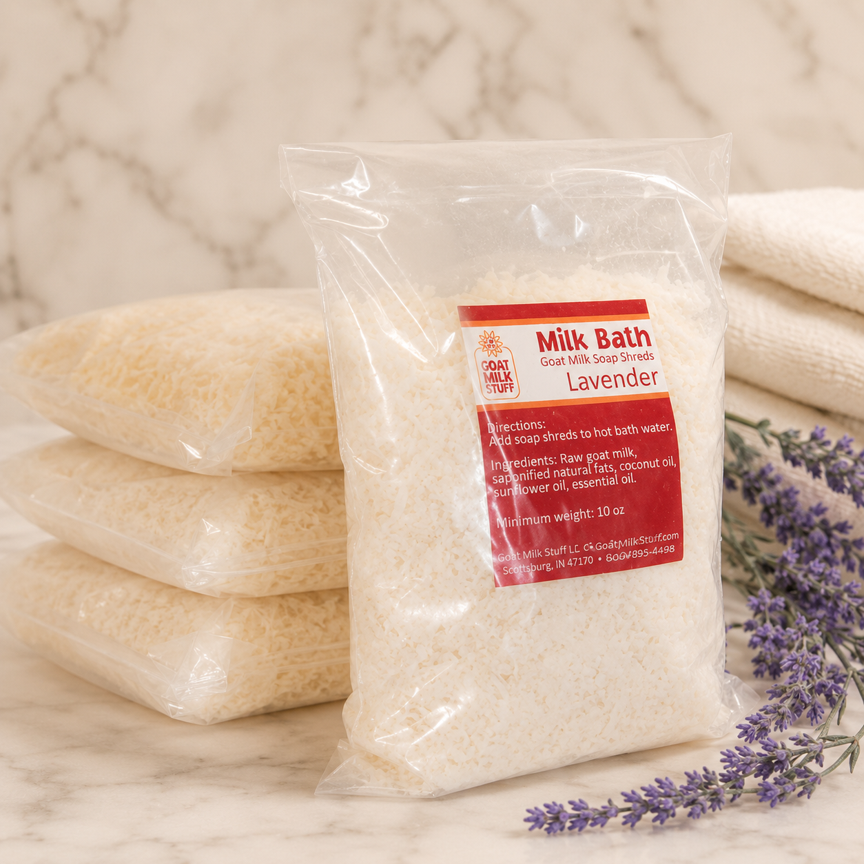 Packaged milk bath with lavender on a marble surface