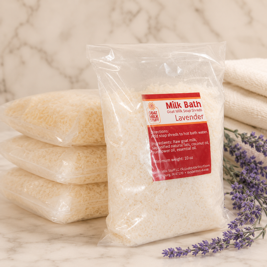 Packaged milk bath with lavender on a marble surface
