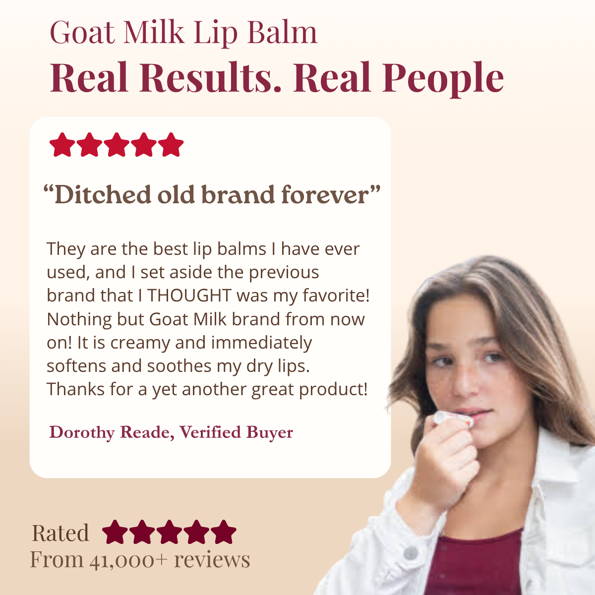 Promotional graphic for goat milk lip balm with a customer review and product rating.