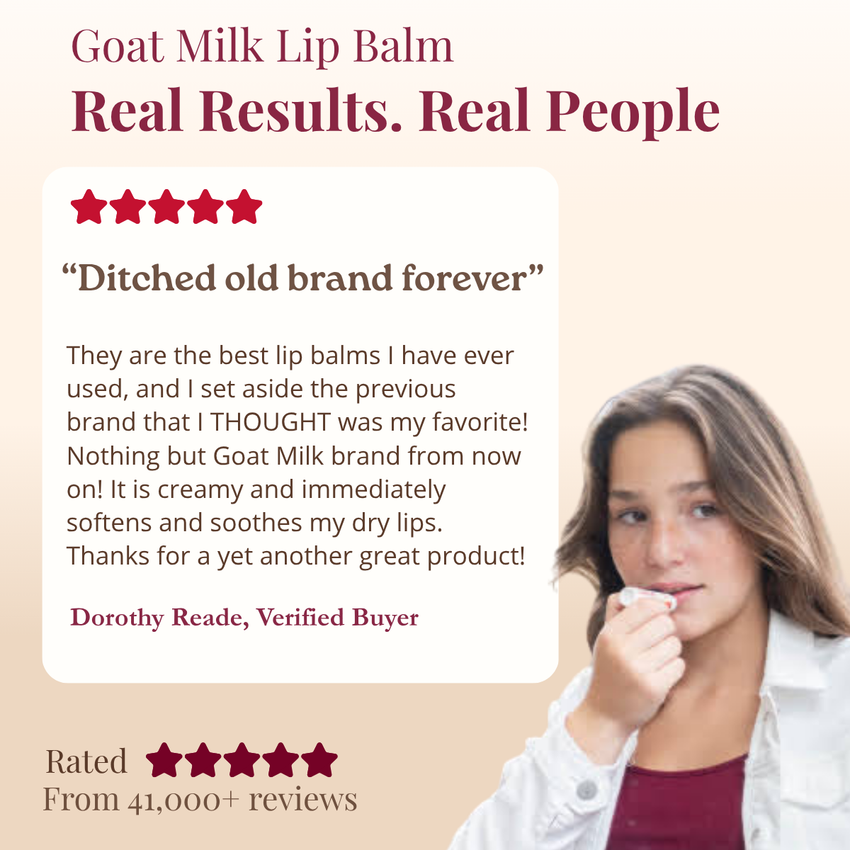 Promotional graphic for goat milk lip balm with a customer review and product rating.