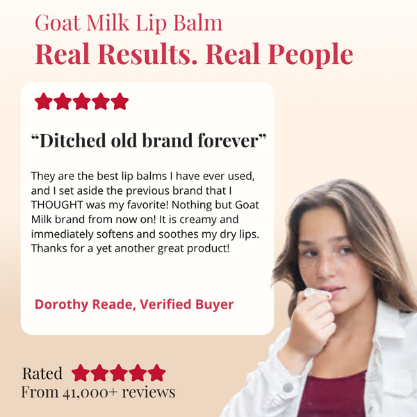 Promotional graphic for goat milk lip balm with a customer review and star rating.