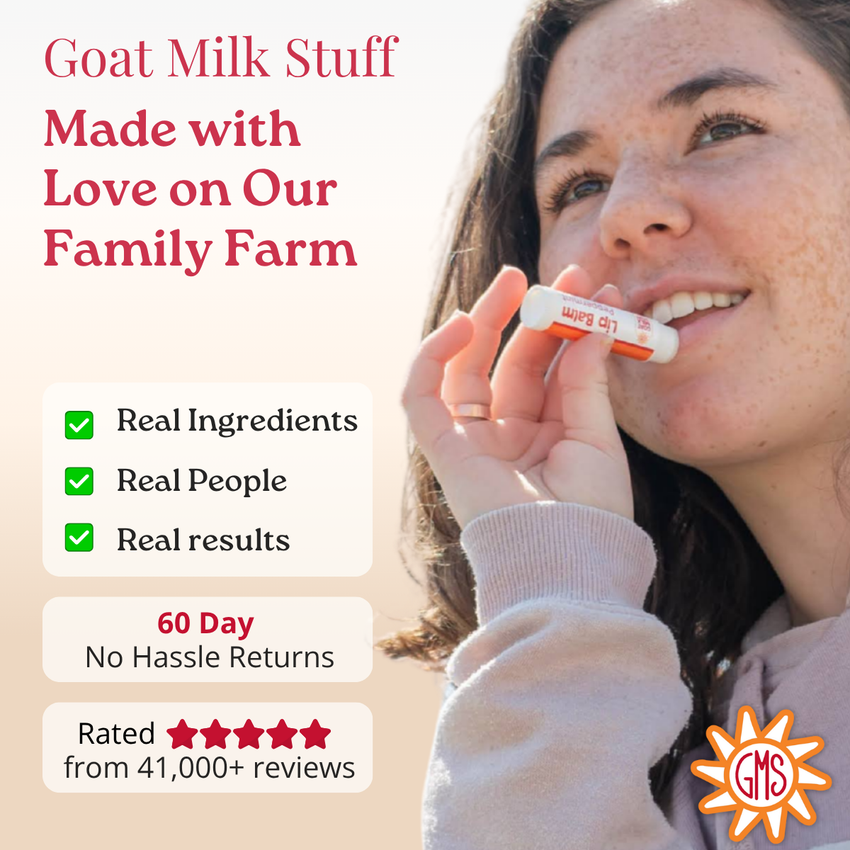 Woman using a product with text about goat milk stuff made on a family farm.