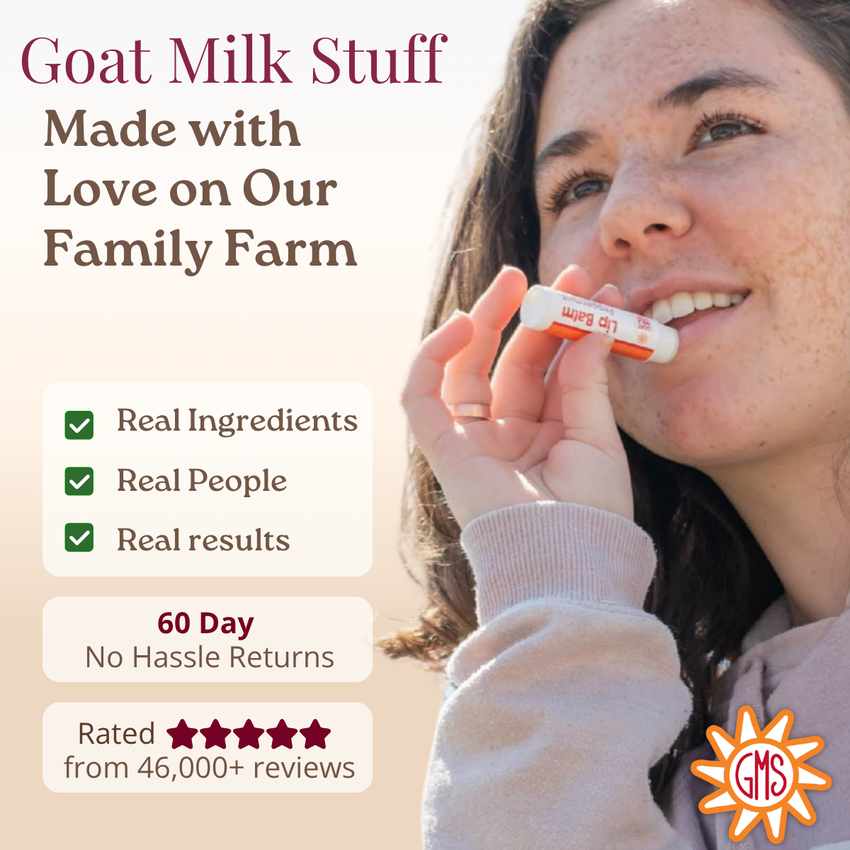 Woman using a lip balm with text about goat milk stuff on a farm.