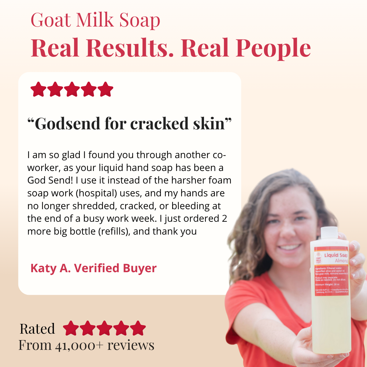 Person holding a bottle of liquid soap with customer review text on a beige background