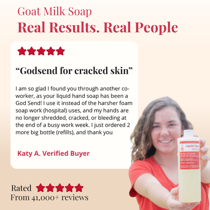 Person holding a bottle of liquid soap with customer review text on a beige background