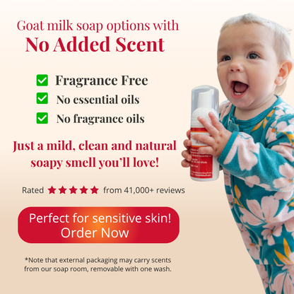 Child holding a bottle of goat milk soap with product features highlighted on a beige background