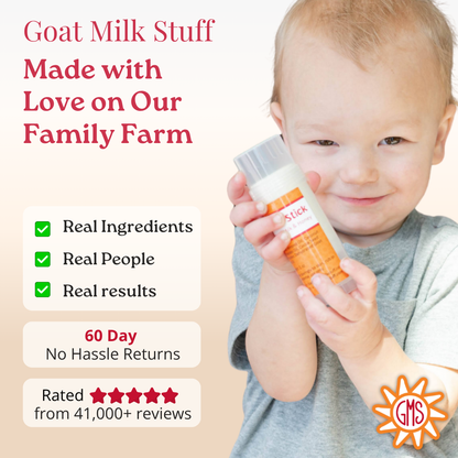 Child holding a bottle with text about goat milk product on a beige background