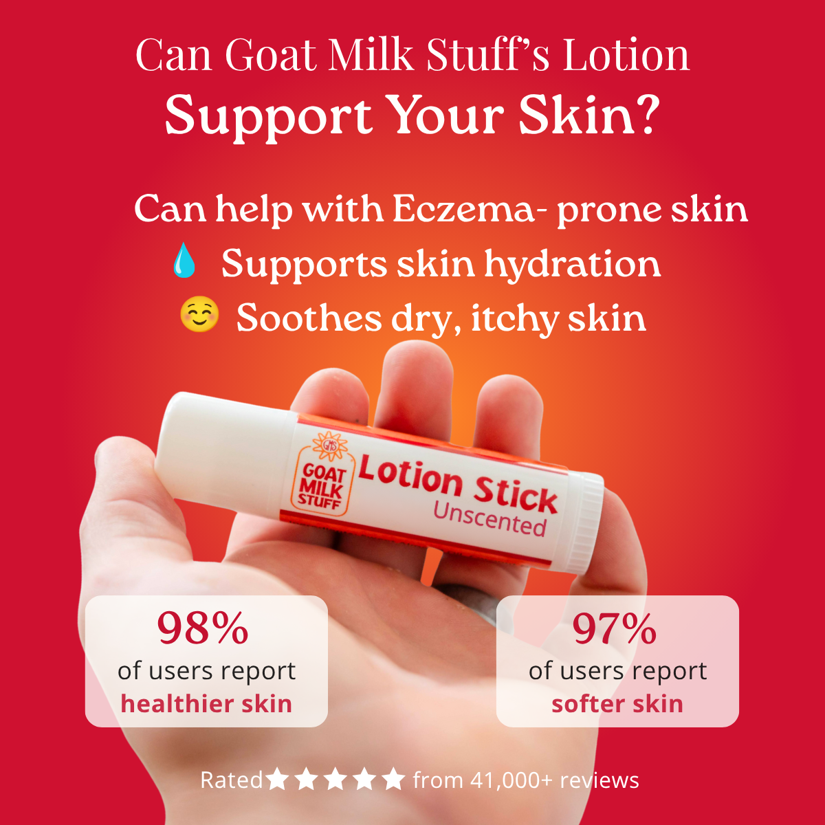 Lotion stick with text on a red background about skin benefits and user feedback.