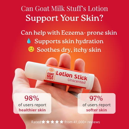 Lotion stick with text on a red background about skin benefits and user feedback.