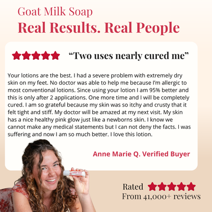 Advertisement for goat milk soap with a customer review and product display.