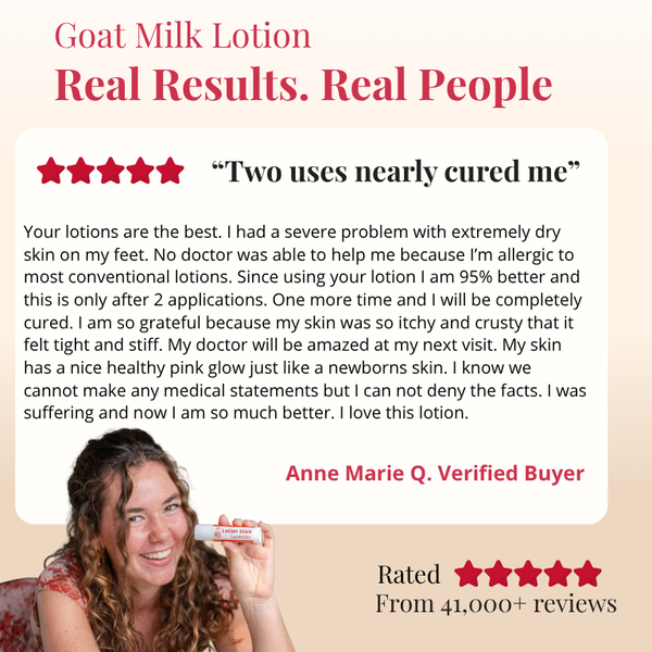 Advertisement for goat milk lotion with a customer review and product display.