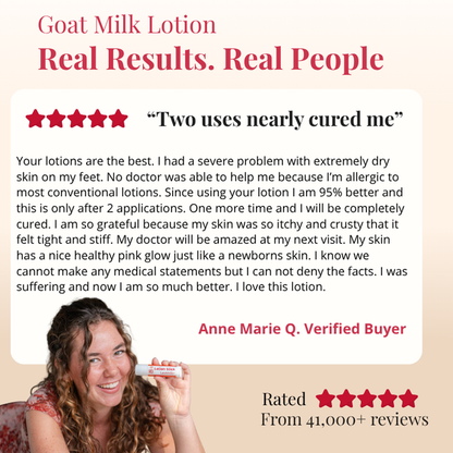 Advertisement for goat milk lotion with a customer review and product display.