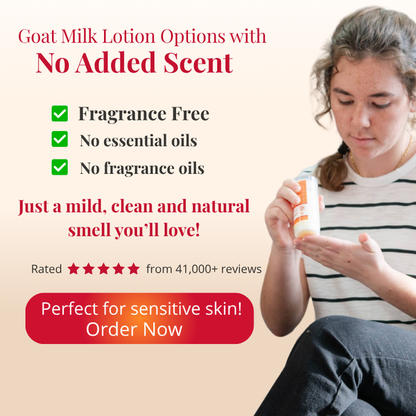 Woman holding a bottle of goat milk lotion with text about fragrance-free options.