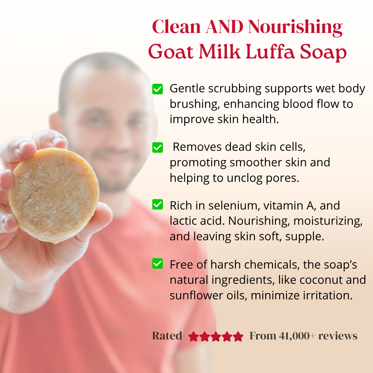 Man holding a goat milk luffa soap with product benefits text overlay.