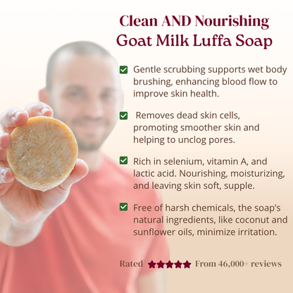 Man holding a goat milk luffa soap with product benefits text on a white background