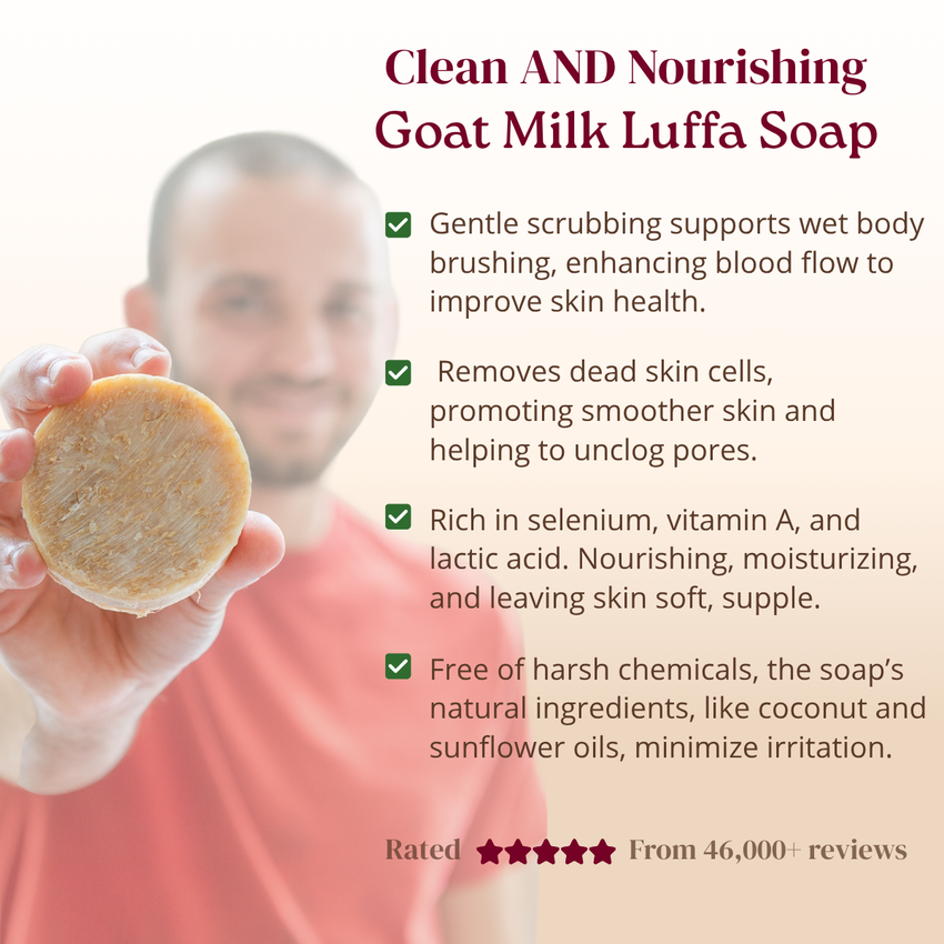 Man holding a goat milk luffa soap with product benefits text on a white background