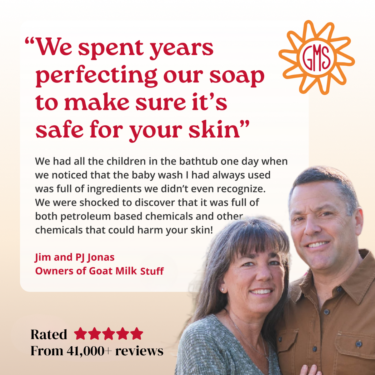 Advertisement for GMS soap with a couple and text about product safety.