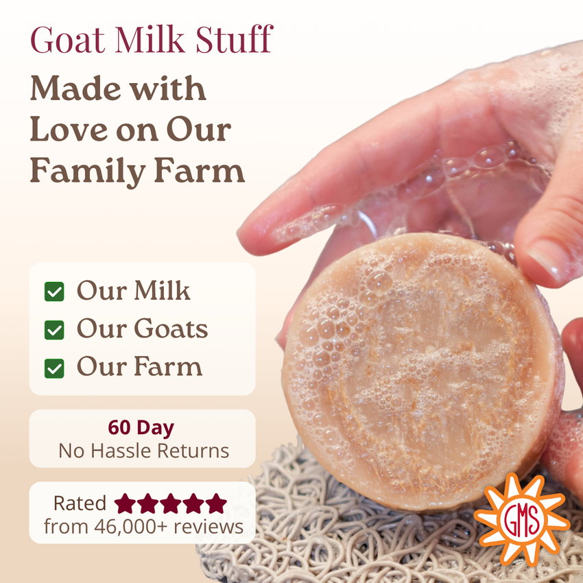 Goat milk soap with text about farm-fresh production and product rating.