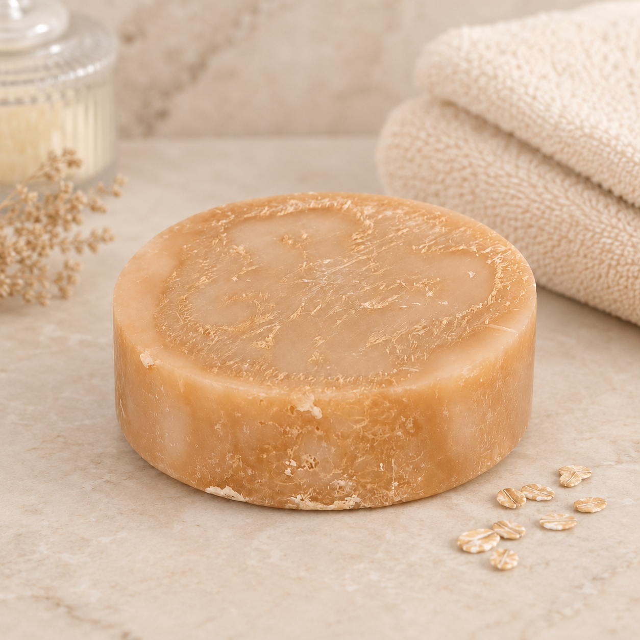 Bar of soap on a marble surface with oats and a towel in the background