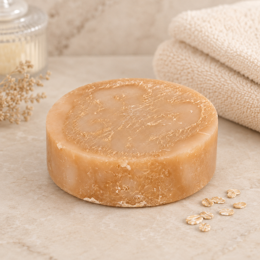 Bar of soap on a marble surface with oats and a towel in the background