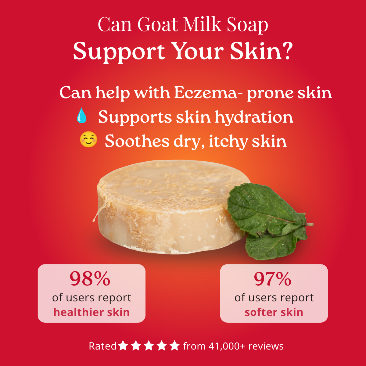 Goat milk soap with green leaves on a red background, highlighting skin benefits and user feedback.