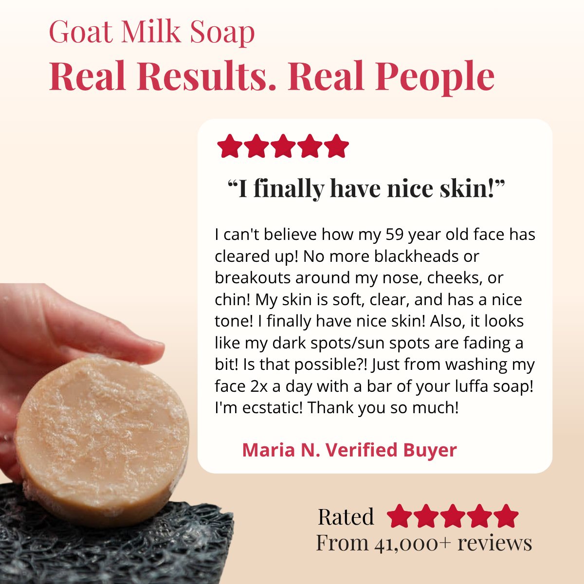 Goat milk soap with a customer review on a beige background