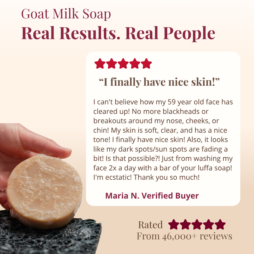 Goat milk soap with a customer review on a beige background