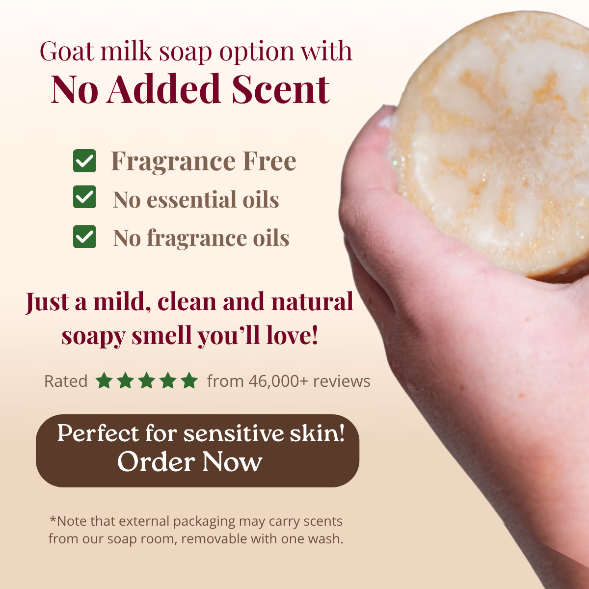 Goat milk soap with text highlighting no added scent, fragrance-free, and essential oils.