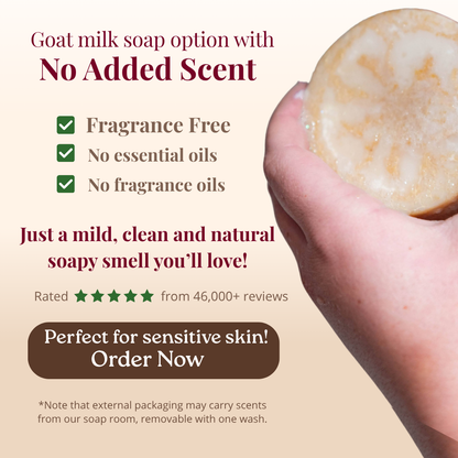 Goat milk soap with text highlighting no added scent, fragrance-free, and essential oils.