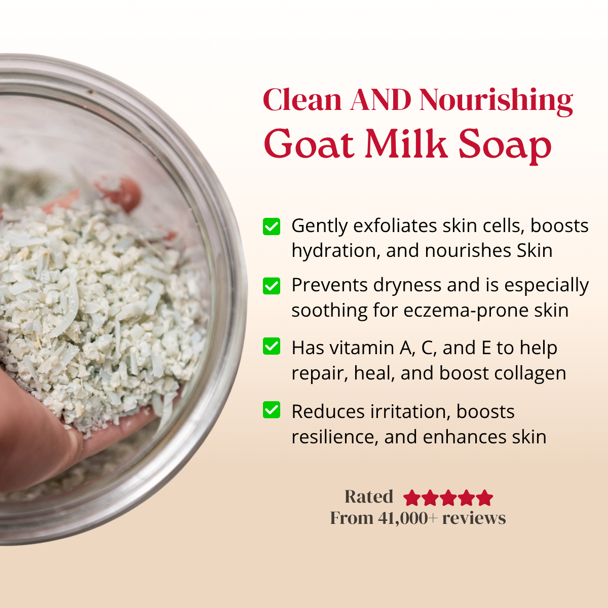 Goat milk soap with text highlighting its benefits and features.