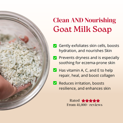 Goat milk soap with text highlighting its benefits and features.