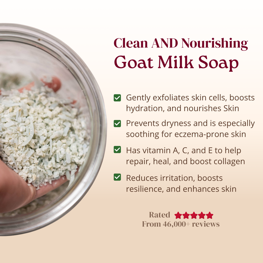 Goat milk soap with text highlighting its benefits and ratings.