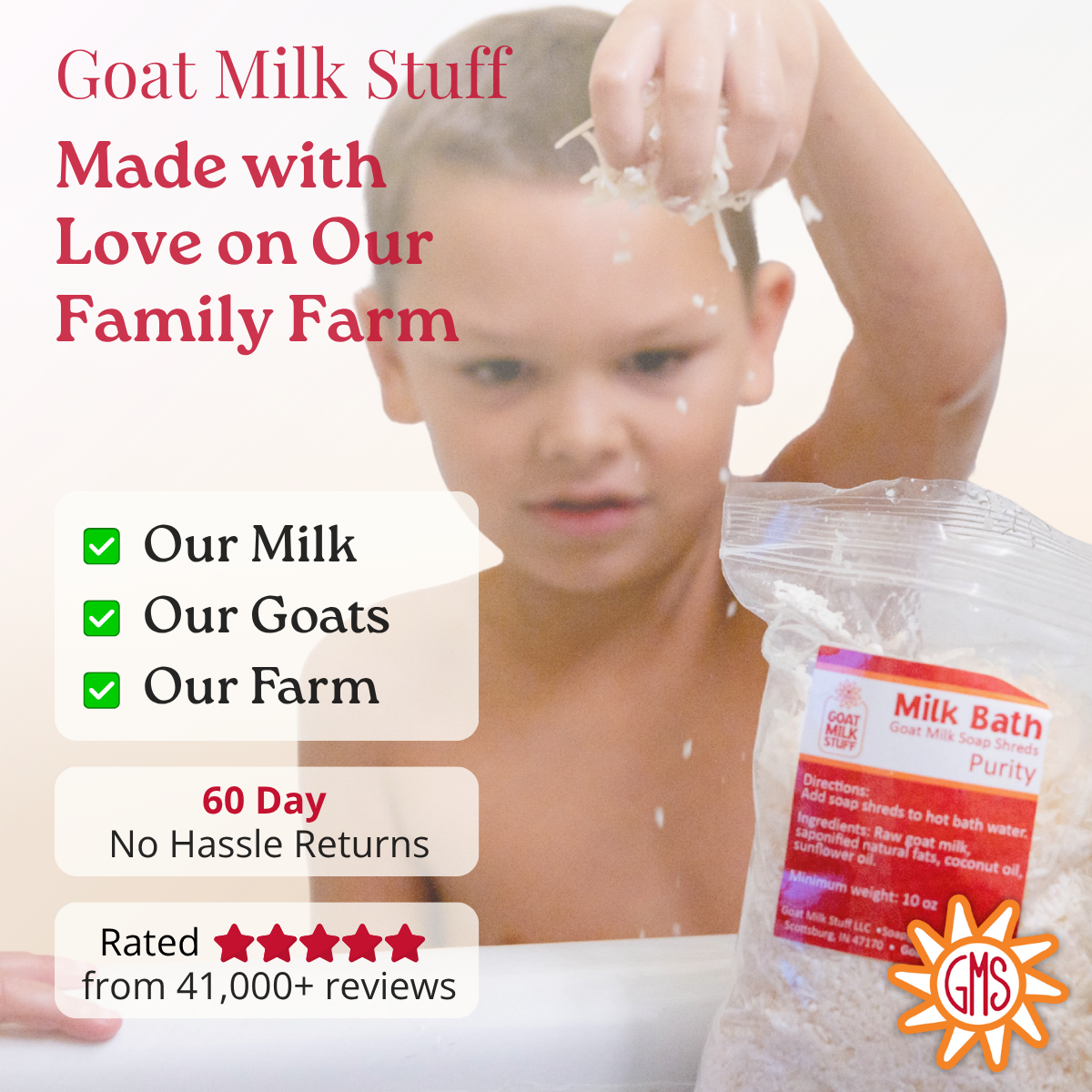 Child with a bag of goat milk stuff milk bath on a white background