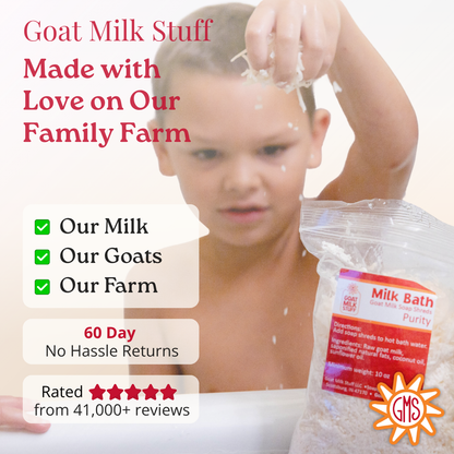 Child with a bag of goat milk stuff milk bath on a white background