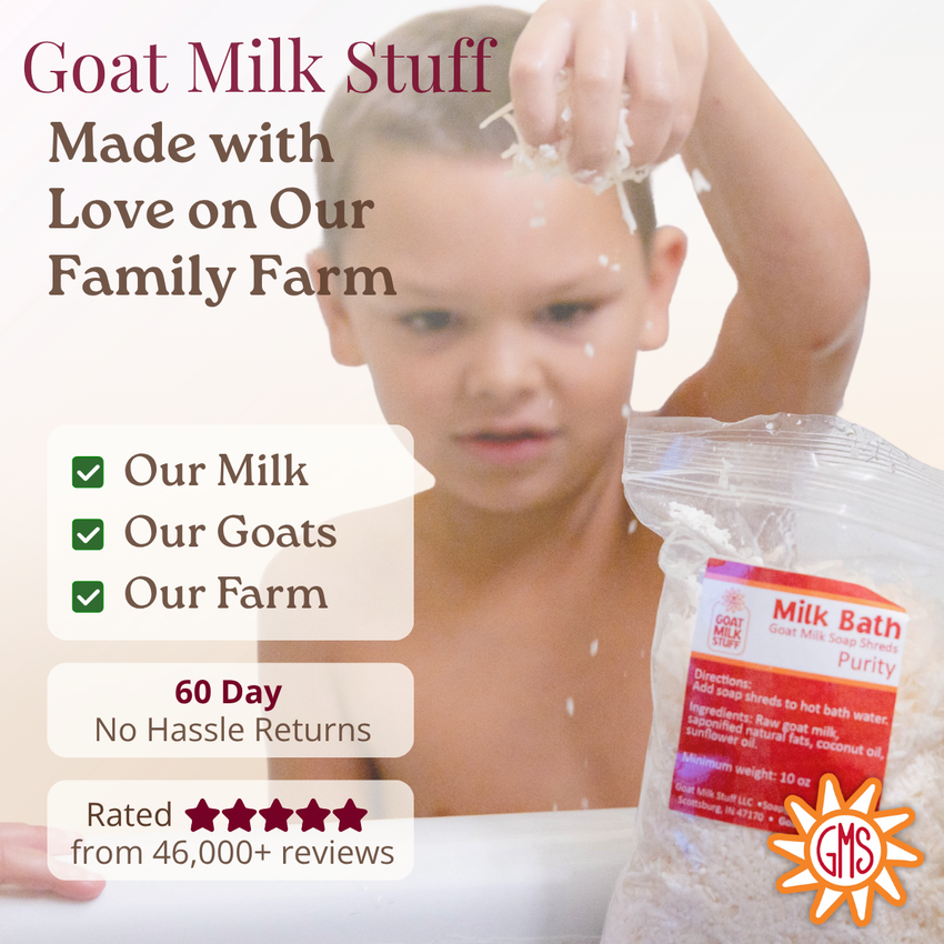 Child taking a bath with goat milk stuff packaging and text about farm-fresh product.