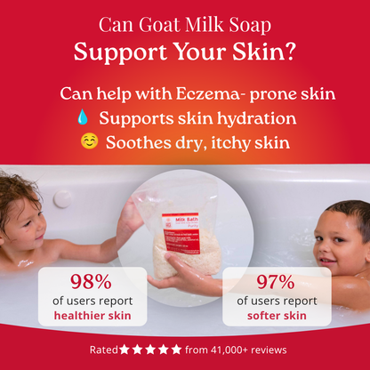Advertisement for goat milk soap with children in a bath and product packaging.