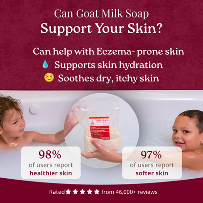 Advertisement for goat milk soap with children in a bath and text about skin benefits.